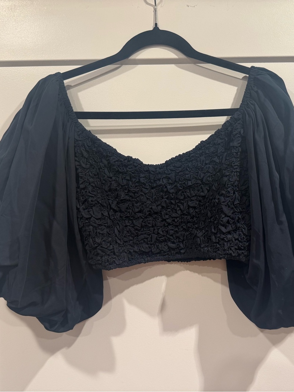 Mara Hoffman Navy Puff-Sleeve Smocked Crop Top